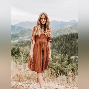 Cute Burnt Orange Pinstripe Midi Dress